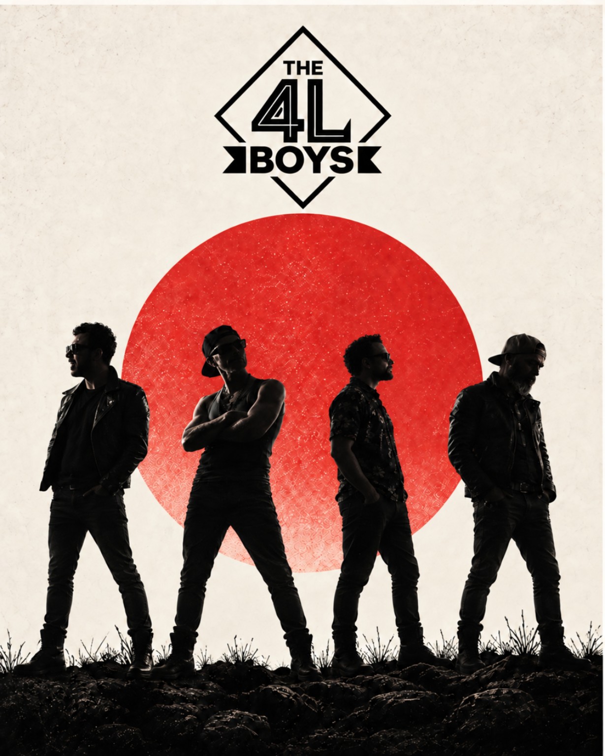 Les quatre membres de THE 4L BOYS en silhouettes devant un soleil rouge, sous le logo du groupe