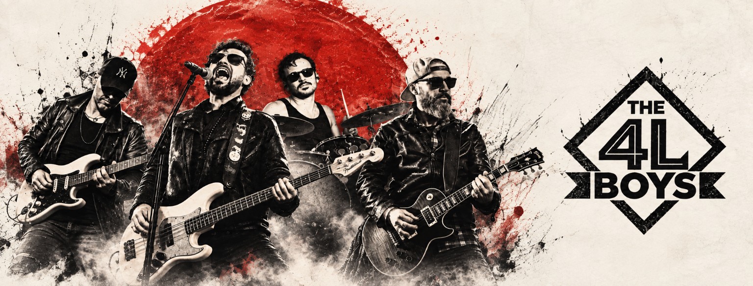 THE 4L BOYS sur scène devant un soleil rouge, avec leur logo