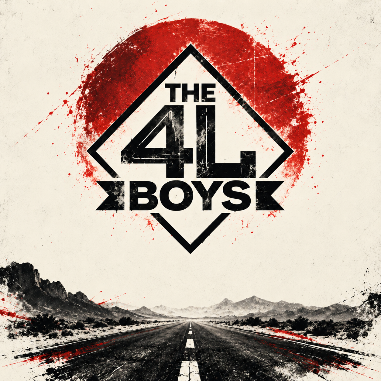 Logo THE 4L BOYS devant un soleil rouge et une route vers les montagnes